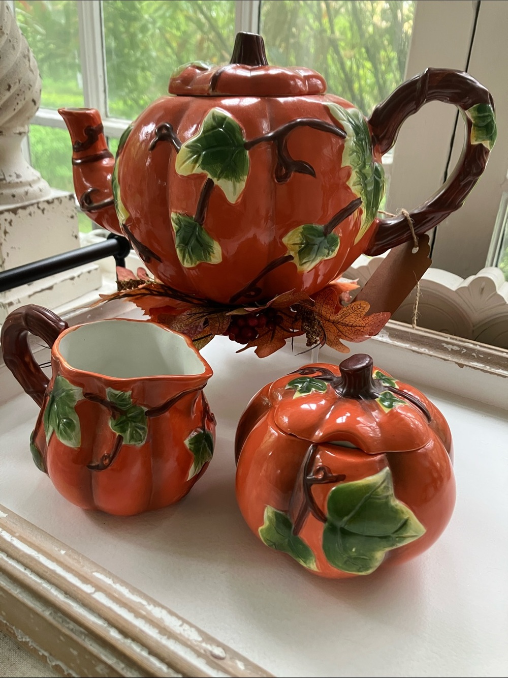Autumn Pumpkin Ceramic Tea Set – Orange with Green Leaf Accents - Picture 2 of 11